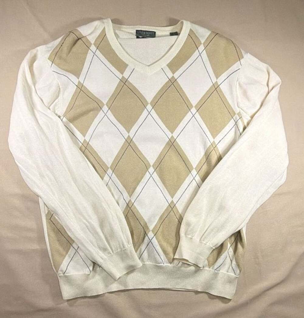 Lyle & Scott Scotland Argyle V-Neck Sweater Size L Combed Cotton